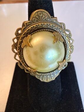 Vintage Jan Micheal’s  Gold Filigree Ring with Pale Yellow Pearl